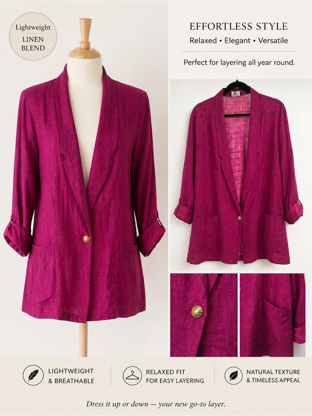 Linen-Blend Relaxed Blazer Jacket in Fuchsia